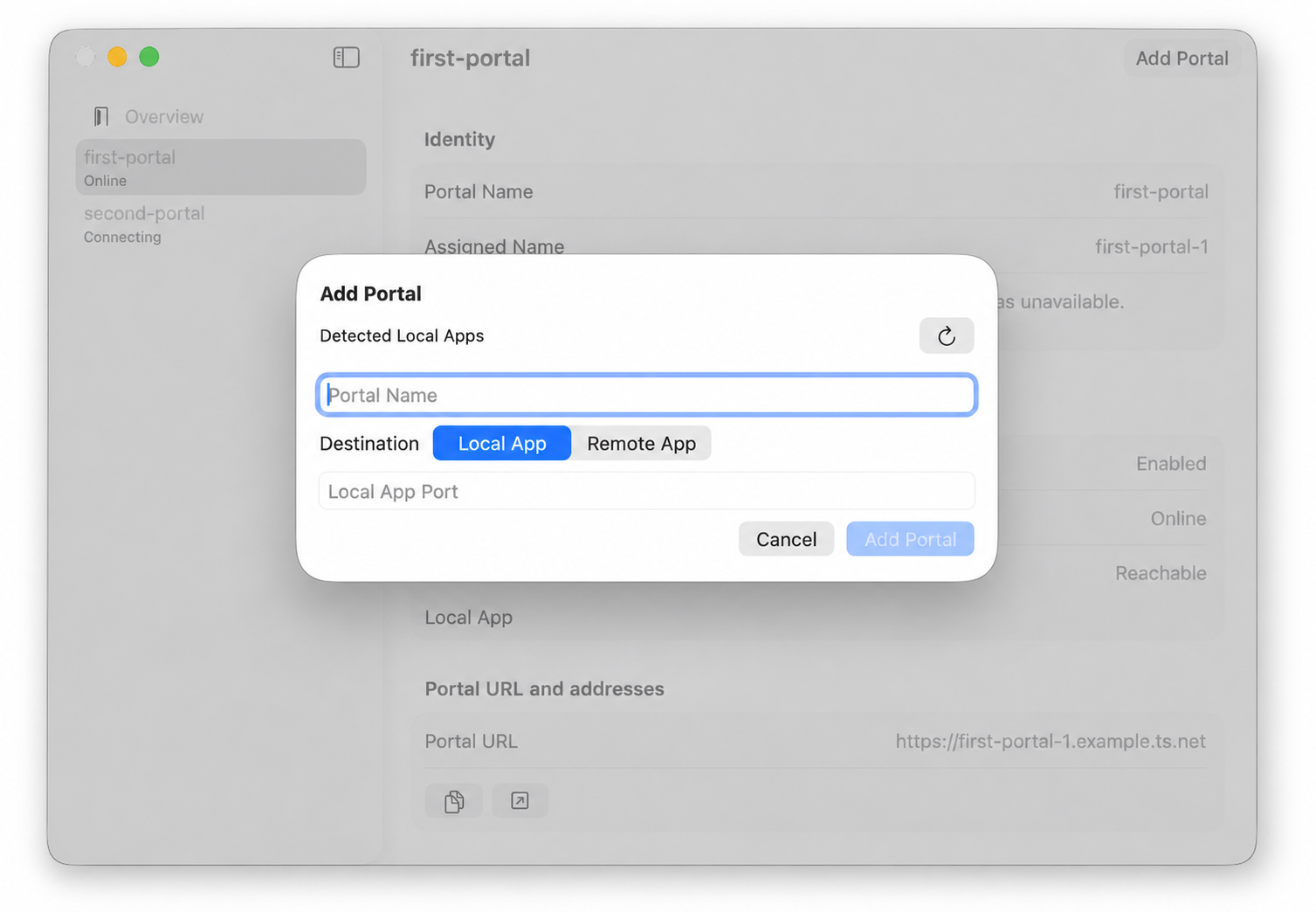 Portico Add Portal window with a Portal Name field and Local App destination choices.
