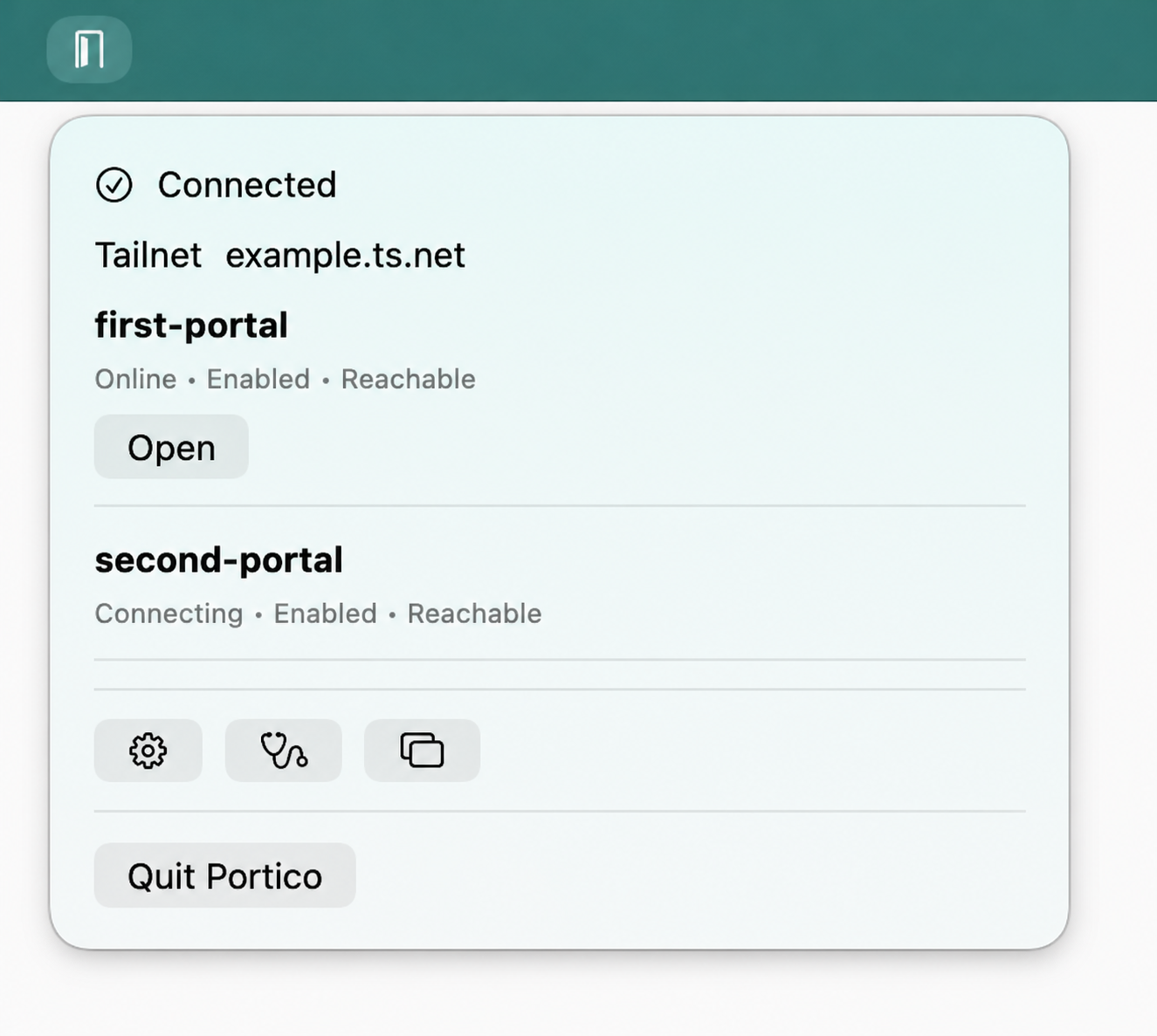 Portico menu-bar popover showing connected tailnet state and Portal status.